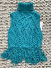 NWOT ZARA VERY SOFT TURQUOISE ROLL NECK CABLE KNIT VEST WITH FRINGES SIZE S