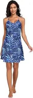 [FRODOTGV] Women's Satin Nigthtgown spaghettis Strap Pajama Lingerie Dark Blue Leafs Soft Pajama Dress for Women S