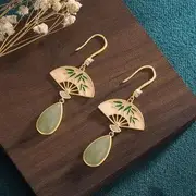 Jade Fan Drop Earring CP461 - 1 Pair - Gold & Pale Pink & Pale Green - One Size