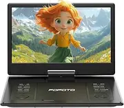 POFOTO 15.7" Portable DVD Player with 14.1" HD Swivel Screen, 6-Hour Rechargeable Battery, Dual Speakers, USB/SD/TV Sync, Supports Multiple Disc Formats, Black [Not Support Blu-Ray]