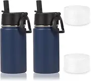 Volhoply 14oz Water Bottle with Straw Lid and Silicone Boot Bulk 2 Pack,Stainless Steel Insulated Cups for Boys & Girls Multipack,Double Wall Vacuum Leakproof Kids Bottles(Navy,2)