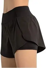 [Flyself] Women's Running Shorts 2-in-1 Double Layer Elastic Waistband Sport Shorts Breathable Quick Dry Gym Fitness Yoga Jogging Pants Training Joggers Shorts with Pockets