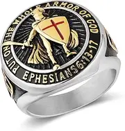 HZMAN Knights Templar Put On The Whole Armor of God Ephesians 6:13-17 Red Cross Design Men's Stainless Steel Ring