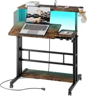 Mobile Standing Desk with Power Outlets & Strip Lights, Rolling Computer Table