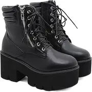 [rui yue] Womens Platform Boots Round Toe Chunky Ankle Boots Punk Boots Lace Up&Zipper Combat Boots