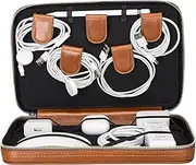 Genuine Leather Cable Organizer Case – Holds Up to 12 Cords, Pens & Accessories – Zippered Travel Pouch for Home, Office & Work Bags – 18x28x2.5 cm – Stylish & Durable (Rustic Tan)