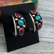 7/8" Turquoise Red Coral Hoop Earrings Navajo handmade by Paul Largo sterling s