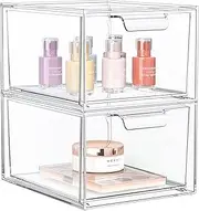 SpaceHacks 2 Pack Stackable Makeup Organizer and Storage, Acrylic Organizers，Clear Plastic Storage Drawer with Handles for Vanity, Undersink, Kitchen Cabinets, Pantry