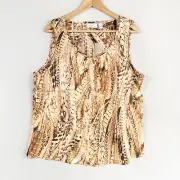 Chicos Tank Top Womens 3 US XL Brown Feather Print Polyester Stretch Scoop Neck