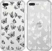 RUMDEY 2 Pack Clear Butterfly Print Girls Woman Phone Case for iPhone 7 Plus / 8 Plus 5.5", Aesthetic Soft Slim Shockproof TPU Translucent Bumper Cover for iPhone 7 Plus with Design, Black&White