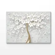 White & Gold 3D Tree, Flower Print 100% Australian Made 120x90cm (Stretched Canvas)