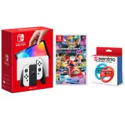 Nintendo Switch OLED White Edition + Mario Kart 8 Deluxe + Sentriq Racing Wheel