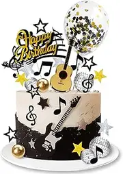 DRWATE Guitar Cake Toppers Music Notes Balls Cake Decorations for Musician Birthday Party Rock Theme Party (Black)