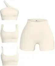 [OQQ] Women's 4 Piece Outfits Ribbed Seamless Exercise Scoop Neck Sports Bra One Shoulder Tops High Waist Shorts Active Set