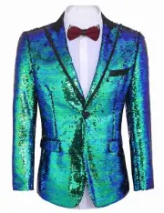 JINIDU Men Peak Lapel Sequined Décor Patchwork Slim Fit Blazer Blue 3xl