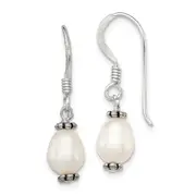 Sterling Silver Polished Antiqued & Beaded White 7-8mm Freshwater Cultured Pearl Dangle Earrings
