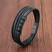 Men's Leather Braided Bracelet 4 Strands Leather Titanium Steel Clasp Hand Woven
