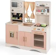 HONEY JOY Kids Kitchen Playset, Wooden Pretend Play Kitchen w/Microwave, Coffee Maker, Ice Maker, Sink, Clocks, Oven & Cooking Accessories, Little Chef Toy Kitchenette w/Curtains & Sounds (Light Pink)