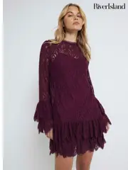 River Island Red Burgundy Lace Tiered Shift Dress (AL3158) | $152