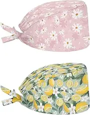 Babrukda 2 Pack Scrub Cap with Sweatband Adjustable Tie Back Turban Hat Headgear Beanie for Women Men Working Cap, Daisy Floral Lemon, One Size