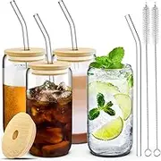 4 Pcs Glass Cups with Lids and Straws 16 oz, Iced Coffee Cups, Drinking Glasses with Straws, Clear Glass Tumbler with Straw, Smoothie Cup, Glass Can Coffee Cups, 2 Brushes