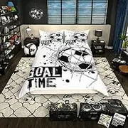 Erosebridal Kids Football Comforter Cover Queen Size American Soccer Bedding Set Sports Games Duvet Cover for Boys Girls Children Geometric Polygon Bedspread Cover for Living Room, Black White