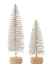 Melrose LED Lighted White Bottle Brush Tree Wood Base Gold Accent (Set of 4)
