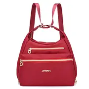 Women Multifunctional Waterproof Multi-Pocket Nylon Backpack Handbag Outdoor Travel Bag Wine Red Colour