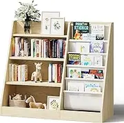 HedoAjim 4 Tier Kids Wooden Bookshelf,Five Layer Sling Children Bookcase,Baby Storage Book Rack,Book and Toy Organizer Cabinet Chest,Book Display Shelf,Playroom Nursery Classroom Library