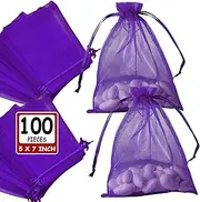 Ableme Deco Purple Organza Bags 5x7 Inch (100 Pcs) Sheer Mesh Gift Bags Drawstring Sachet Jewelry Bags Organza Large Drawstring Pouch for Wedding Favor, Party, Soaps, Baby Shower Gifts