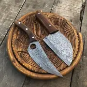 Pair Chef Knives Handmade Fixed Blade Damascus Cleaver Survival Sharp Knives BBQ