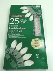 25-Light C9 CLEAR CHRISTMAS String Light Set GREEN WIRE End-To-End NEW