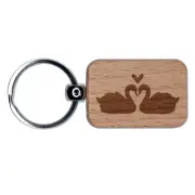 Two Mirrored Swans Silhouette Love Engraved Wood Rectangle Keychain Tag Charm