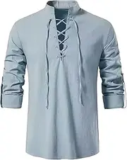 [Zylphorix] Men‘s Casual Cotton Linen Beach Shirt Quarter Lace Up Stand Collar T Shirt Summer Short/Long Sleeve Solid Tunic, Light Blue, XX-Large