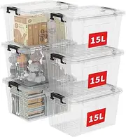 [Cetomo] 15L*6 Storage Boxes with Lids, Plastic Storage Bins with Latching Buckles, Click Closure, Stackable, Nestable, Clear Organizer for Home Office Clothes, Transparent, 15L-6 Pack