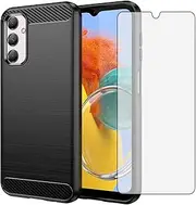 [Asuwish] Compatible with Samsung Galaxy A14/M14 5G Case and Tempered Glass Screen Protector with Shockproof Slim Silicone Carbon Fiber Phone Cover for A 14 4G 14A 14M G5 Women Men Black