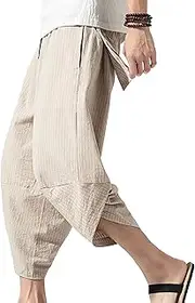 [Generic] Mens Harem Capri Pants Drawstring Wide Leg Mens Capris 3/4 Short Cotton Linen Beach Yoga Pants