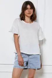 White Crop Top Short Sleeve Relaxed Linen - Size 8, Women's Top