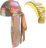 Durags and Bonnets 2pcs/Set for Men Women 360 Wave, Long Tail Silky Doo rag and Turban Sleep Cap