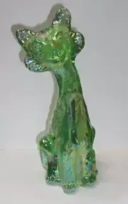 Fenton Glass Apple Green Carnival Iridized Alley Cat Figurine by Mosser Glass