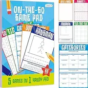 On The Go Game Pad, 80 Perforated Sheets Travel Activity Pad, 5 Games in 1 Plane Trip Pen Pencil & Paper Game for Kids, Adults (6” x 9”)
