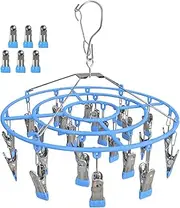 Funamily Clothes Drying Rack,Stainless Steel Laundry Drip Hanger with 24 Clips, Heavy Duty Round Swivel Windproof Hook Underwear Hanger for Drying Towel, Bras, Sock,Lingerie, Baby Clothes (Blue)