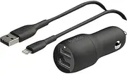 Belkin 24 Watt Dual USB Car Charger - 2 12W USB A Ports with Lightning Cable - Fast Charging Apple iPhone 14, 14 Pro, 14 Pro Max, iPhone 13, 13 Pro Max, Samsung Galaxy, AirPods & More - USB-C Charger