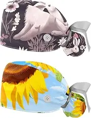 [YTYVAGT] 2-Pc,Nurse Scrub Caps,Scrub Hats with Buttons and Cotton Sweatband,Cute Rabbit Animal Flower Pattern