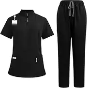 Nursing Scrub Set Nurse Workwear for Beauty Center Pet Groomer, Black, M