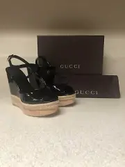 Gucci Hollie Patent Leather Platform Wedge Sandal Black 41.5 / 11.5