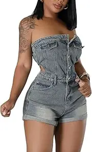 [GHAKKE] Women's Fashion Single Breasted Hollow Out Denim Rompers Sexy Strapless Bodycon Backless Short Pants Tube Top Jumpsuit