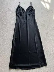 Abercrombie & Fitch A&F Ruched Satin Slip MIDI Dress Black Sleeveless M Tall New