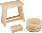 Hoshino Wooden Bath Set 3pcs Japanese Cypress Hinoki Stool Fir Wash Bowl Soap