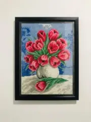 Framed Cross Stitch Wall Art Of A Flower Vase Decorate Item for House